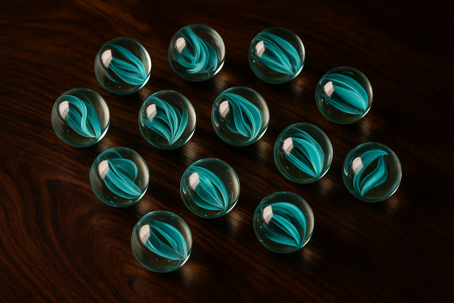 12 marbles with aqua inside, dark/luxury wood surface, square image