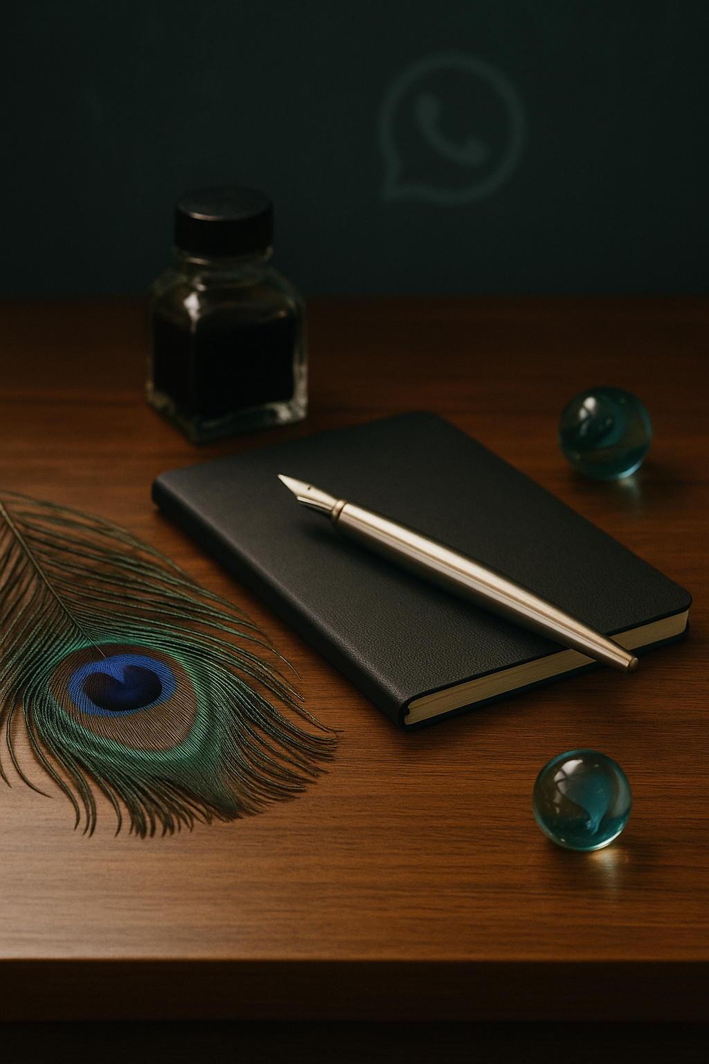 Black notebook with a pen, peacock feather, and glass marbles on a wooden surface.